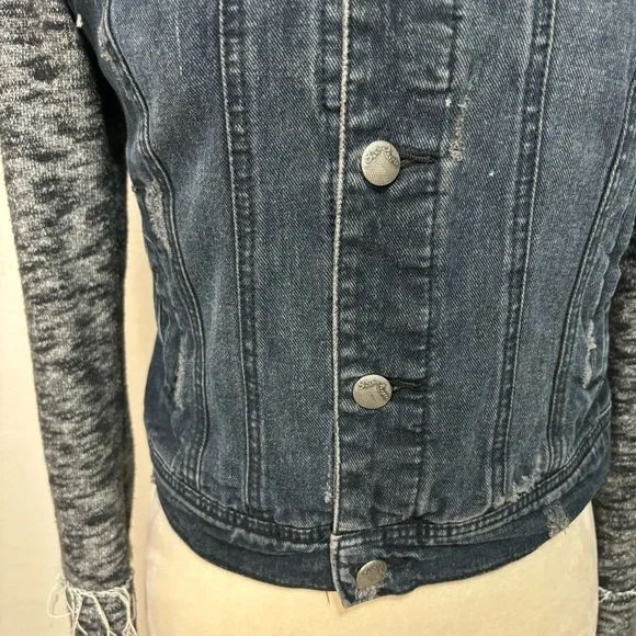 Free People Distressed Denim Jean Knit Sweatshirt Hoodie Jacket size XS - Picture 8 of 13